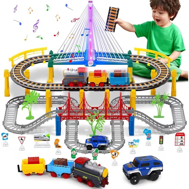 Electric Train Set with Light-Up Tracks